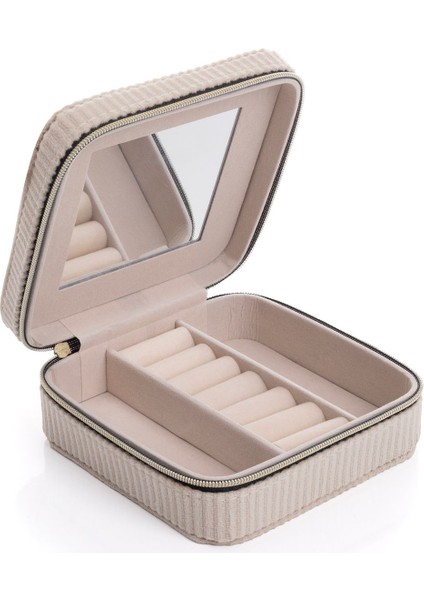 Kare Aynalı Ekru Kadife Takı ve Mücevher Organizer 12X12X5 cm