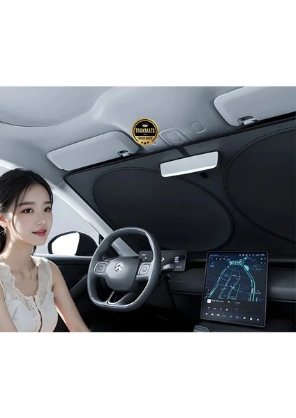 Skoda Scala 2019-2020-2021-2022-2023-2024-2025 Katlanabilir Milfonlu Yuvarlak Oto Güneşlik, Uv Koruma, Kılıflı Ön Cam Perde, Üniversal Uyum