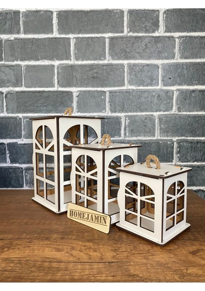 3'lü Ahşap Mini Dekoratif Süs Fener Seti, Beyaz, Hint Penceresi Motifi
