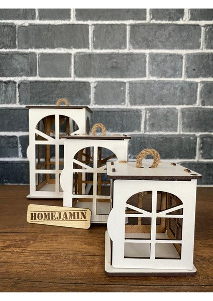 3'lü Ahşap Mini Dekoratif Süs Fener Seti, Beyaz, Hint Penceresi Motifi fiyatları