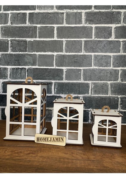 3'lü Ahşap Mini Dekoratif Süs Fener Seti, Beyaz, Hint Penceresi Motifi modelleri