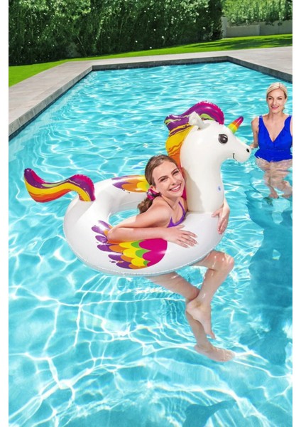 Yetişkinler Için Renkli Dev Boy Unicorn At Simit Şişme Havuz Simidi 119 cm modelleri
