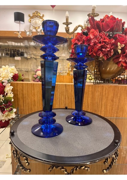 2'li Mavi Kristal Şamdan, Şeffaf ve Şık Ev Dekorasyonu Parçası