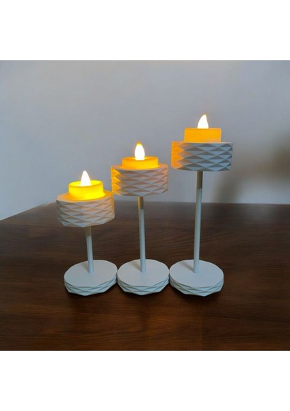 Beyaz 3'lü Şamdan Seti, Şık ve Modern Dekoratif Mum LED Tasarımı