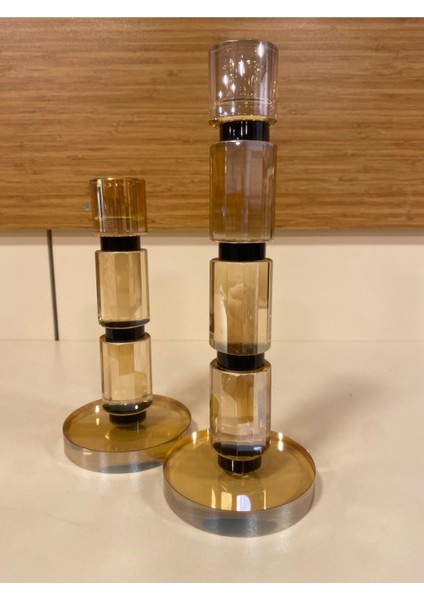 Şamdan Seti, Kristal Ince Uzun Model, Siyah ve Kahverengi, Şık Dekoratif Aksesuar