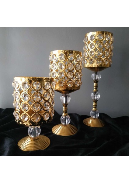Parlak Kristal Taşlı Metal Şamdan ve Mumluk Seti, Şıklık ve Zarafet Için Ideal