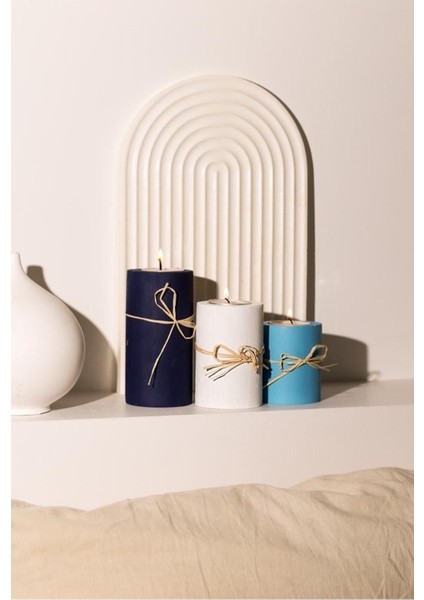 Fiyonklu 3'lü Ahşap Dekoratif Mumluk Seti, Mavi Beyaz Turkuaz Renkli