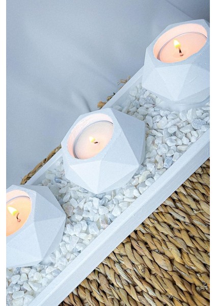 3'lü Beyaz Prizma Mumluk Seti, Dikdörtgen Sunum Tepsili, Şık ve Hediye Alternatifi