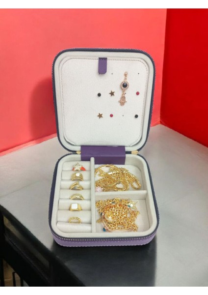 Mor Orta Boy Takı Saklama Kutusu, Seyahat ve Ev İçin Şık ve Pratik Organizer