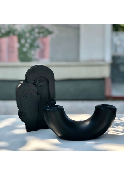 Şık Siyah Soyut Yüz ve Mumluk Seti, Modern Ev Dekoru Için Ideal Seçim