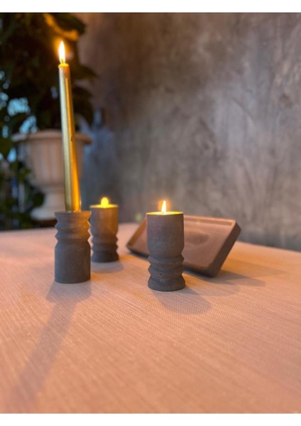 Koyu Gri Beton 4'lü Tealight Mumluk ve Sunum Tabağı Seti