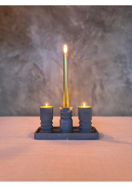 Koyu Gri Beton 4'lü Tealight Mumluk ve Sunum Tabağı Seti fiyatları