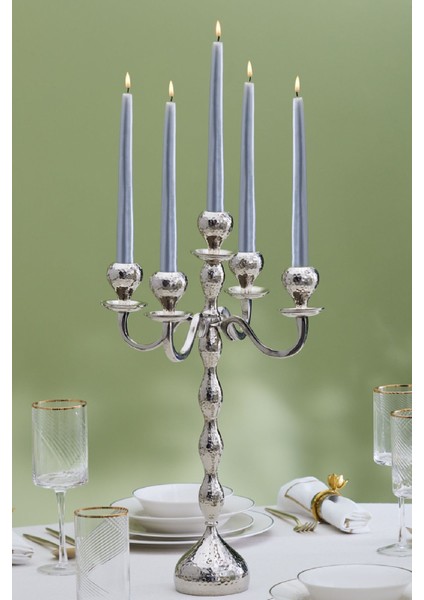 5'li Şamdan Seti, Gümüş Renk, 42X29 Cm, Şık ve Zarif Dekorasyon Ürünü