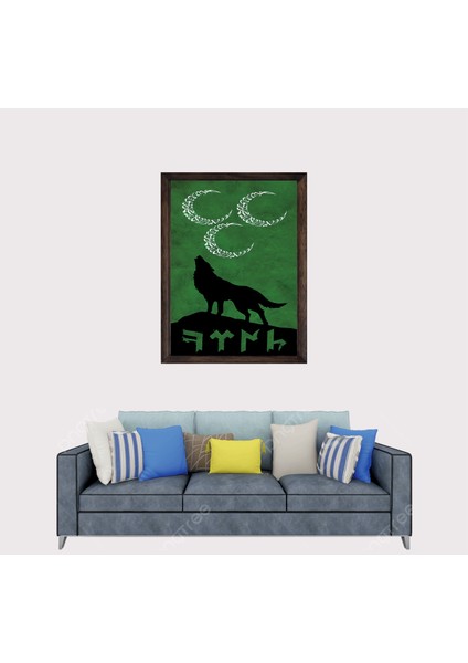 Türkçü Bozkurt ve 3 Hilal Çerçeveli Duvar Tablosu 30X45 cm fiyatları