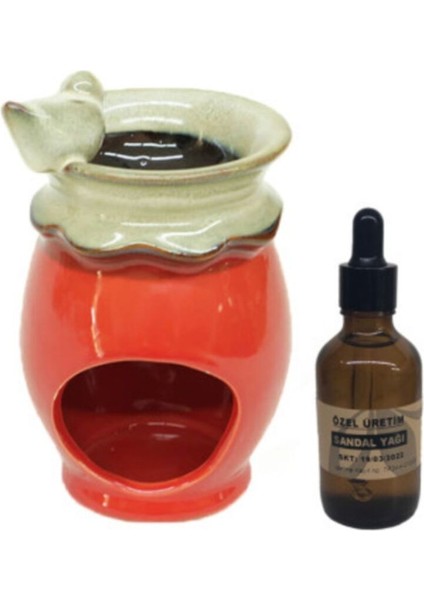 Kuş Temalı Seramik Buhurdanlık ve Sandal Yağı Seti, Kırmızı Renkli, Zarif Tasarım