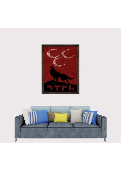 Türkçü Bozkurt ve 3 Hilal Çerçeveli Duvar Tablosu 20X30 cm fiyatları