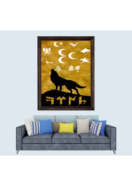 Türkçü Bozkurt ve Türk Devletleri Arması Çerçeveli Duvar Tablosu 30X45 cm