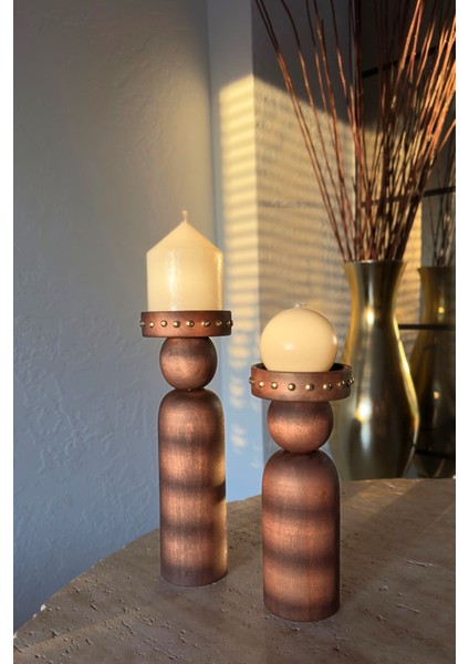 Ahşap Şamdan ve Mumluk Seti, 23 ve 27 Cm, Kahverengi, Şık ve Doğal Dekor.