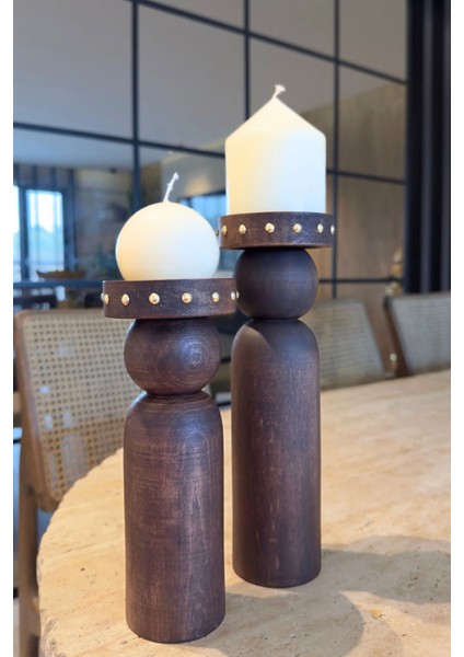 Ahşap Şamdan ve Mumluk Seti, 23 ve 27 Cm, Kahverengi, Şık ve Doğal Dekor. modelleri