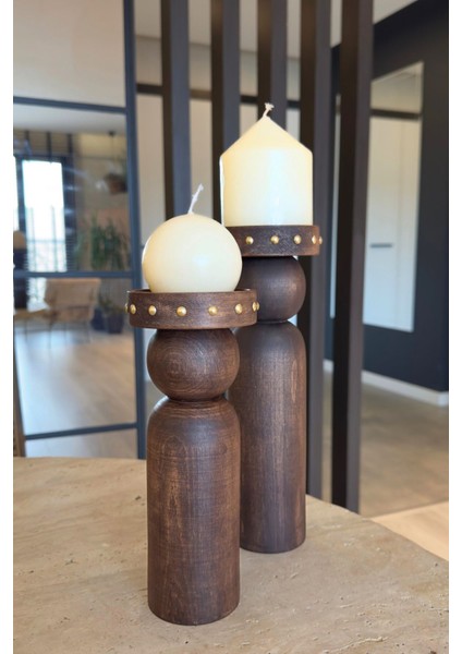 Ahşap Şamdan ve Mumluk Seti, 23 ve 27 Cm, Kahverengi, Şık ve Doğal Dekor. indirimleri