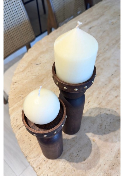 Ahşap Şamdan ve Mumluk Seti, 23 ve 27 Cm, Kahverengi, Şık ve Doğal Dekor.