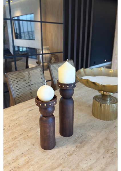 Ahşap Şamdan ve Mumluk Seti, 23 ve 27 Cm, Kahverengi, Şık ve Doğal Dekor.