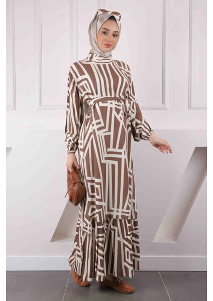 Vizon Desenli Eteği Katlı Viscon Elbise