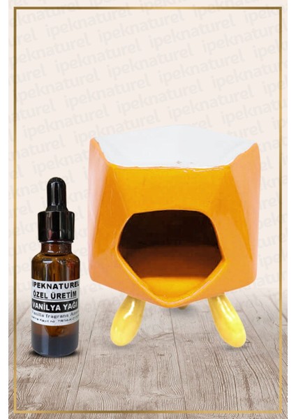 Turuncu Bambu Ayaklı Seramik Buhurdanlık ve Vanilya Yağı Seti