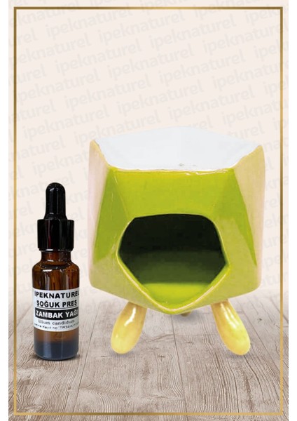 Yeşil Seramik Buhurdanlık ve Sandal Yağı Seti, Bambu Ayaklı, Doğal ve Şık Tasarım