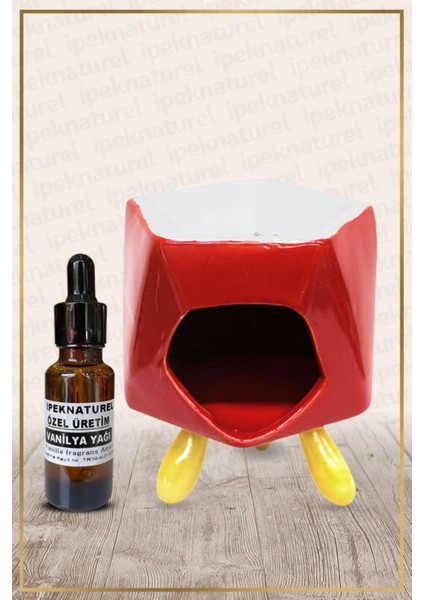 Bordo Bambu Ayaklı Seramik Buhurdanlık ve Vanilya Yağı Seti