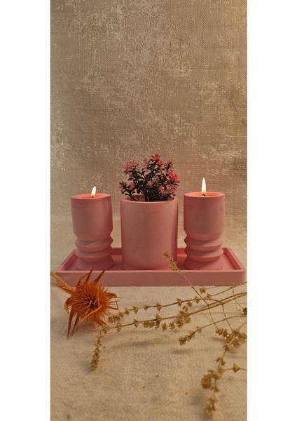 Şık 4'lü Beton Dekoratif Set: Mumluk, Vazo ve Sunum Tabağı