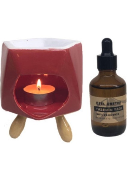Bordo Seramik Buhurdanlık ve Yasemin Yağı Seti, Şık ve Doğal Aromalı Keyifli Anlar