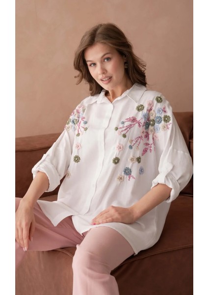 Kadın Nakış Işlemeli Keten Oversize Düğmeli Gömlek fiyatları