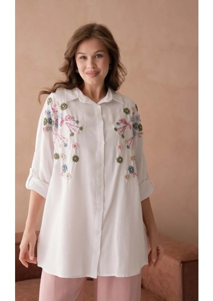 Kadın Nakış Işlemeli Keten Oversize Düğmeli Gömlek fırsatları
