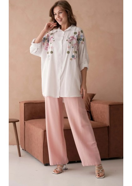 Kadın Nakış Işlemeli Keten Oversize Düğmeli Gömlek indirimleri