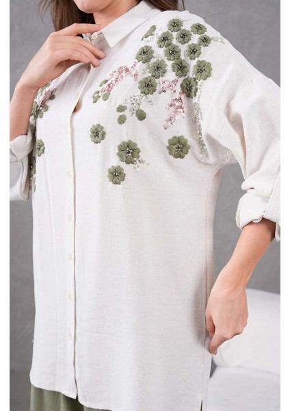 Kadın Nakış Işlemeli Keten Oversize Düğmeli Gömlek