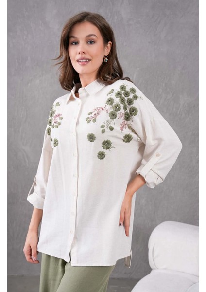 Kadın Nakış Işlemeli Keten Oversize Düğmeli Gömlek