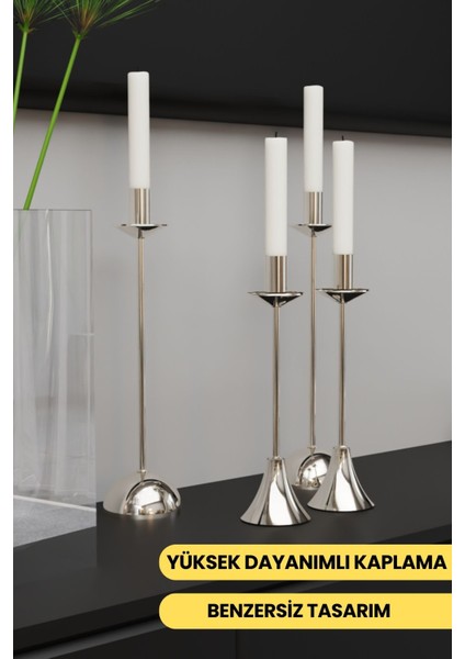 Parlak Gümüş 4'lü Şamdan Seti, Şık ve Dekoratif Mumluklar, Ev ve Masa Süslemesi