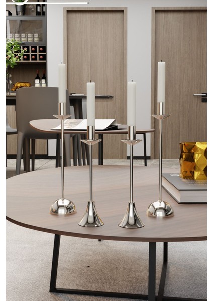 Parlak Gümüş 4'lü Şamdan Seti, Şık ve Dekoratif Mumluklar, Ev ve Masa Süslemesi indirimleri