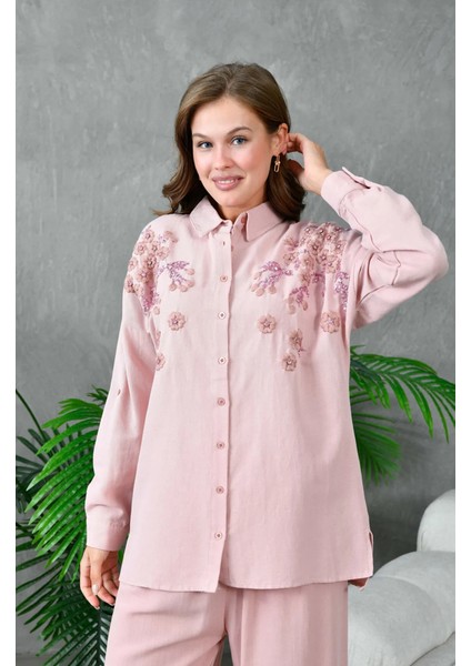Kadın Nakış Işlemeli Keten Oversize Düğmeli Gömlek