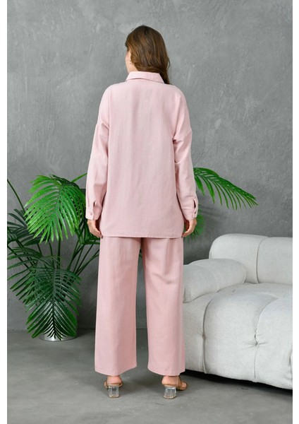 Kadın Nakış Işlemeli Keten Oversize Düğmeli Gömlek