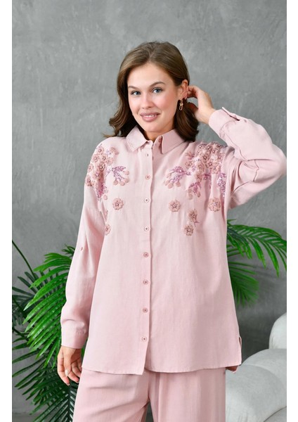 Kadın Nakış Işlemeli Keten Oversize Düğmeli Gömlek