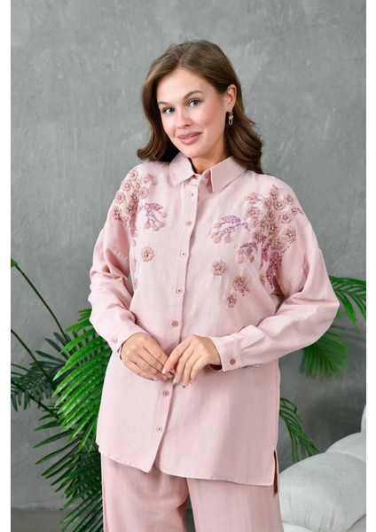 Kadın Nakış Işlemeli Keten Oversize Düğmeli Gömlek
