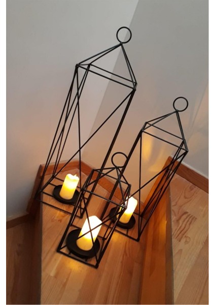 Şık Siyah Dekoratif 3'lü Ferforje Kafes Fener ve Mumluk Seti