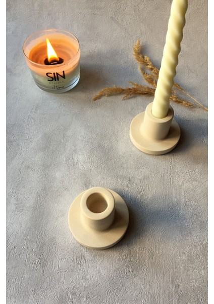 Iki Adet Şamdan Mumluk, Şık Beton Tasarım, Doğal ve Şık Dekorasyon Ürünü