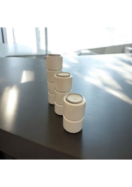 Doğal Gürgen Ağacı 3'lü Ahşap Silindir Mumluk, Şamdan, Dekoratif, Beyaz