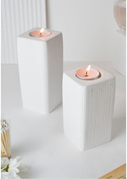 Ahşap Görünümlü 2'li Uzun Blok Tealight Mumluk Beyaz Şık ve Modern Tasarım