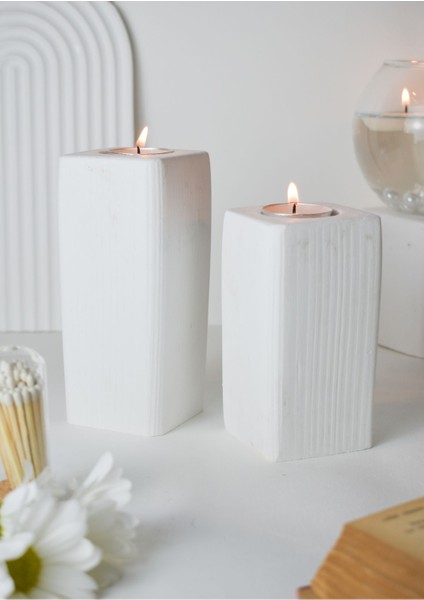 Ahşap Görünümlü 2'li Uzun Blok Tealight Mumluk Beyaz Şık ve Modern Tasarım fiyatları