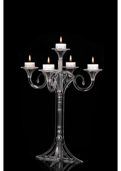 5 Kollu Şeffaf Polikarbon Dekoratif Şamdan, Düğün ve Organizasyonlar Için Güçlü Set