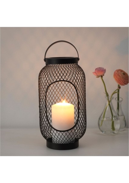 36 cm Siyah Çelik Dekoratif Mumluk Fener, Şık ve Modern Tasarım.